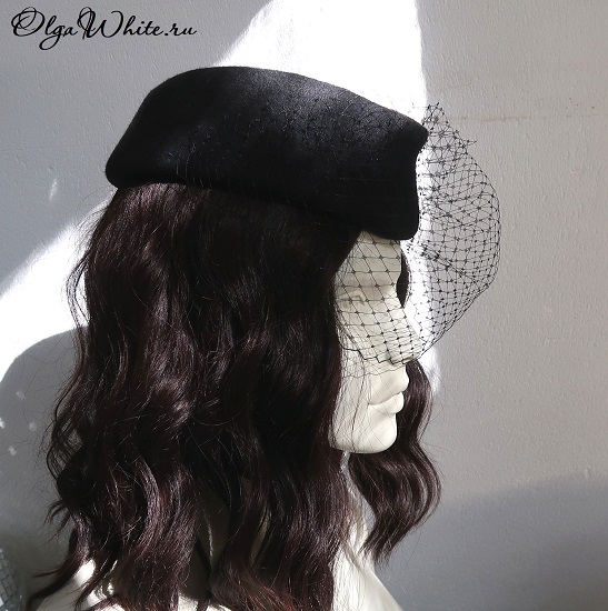 Черная фетровая женская шляпа Пилотка с вуалью
