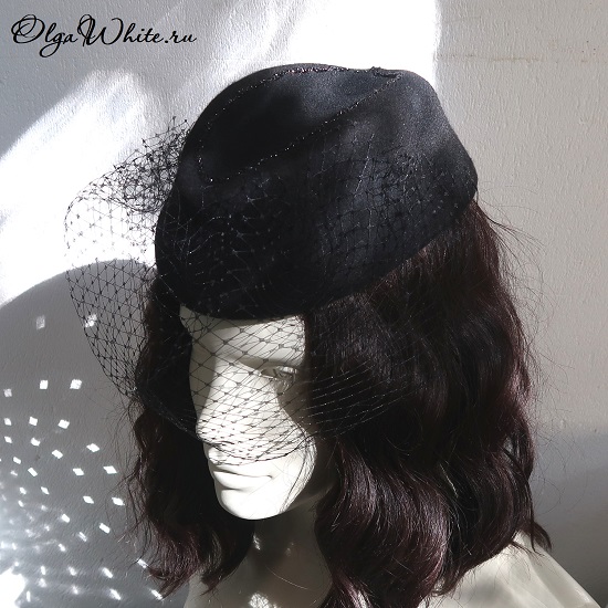 Черная фетровая женская шляпа Пилотка с вуалью